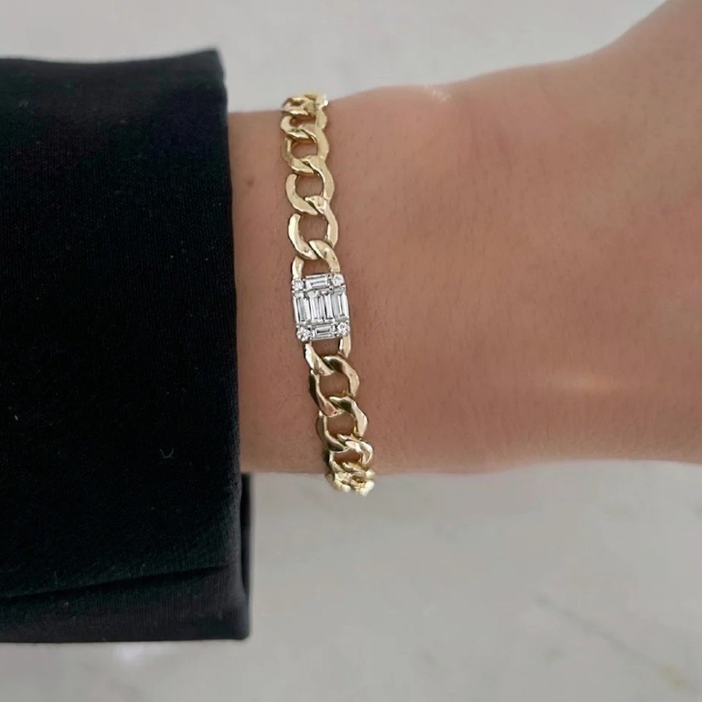 14K Yellow Gold and Natural Diamond Bracelet, Curb Chain